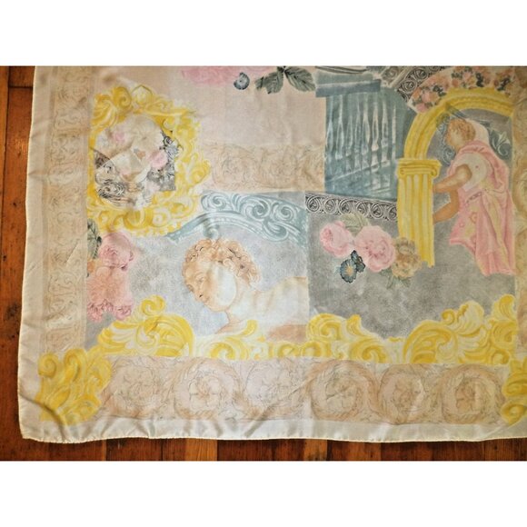 Vtg ESCADA Heavy Satin SILK SCARF Grecian Roman Roses 35"x35" HandRolled Italy - Picture 2 of 5